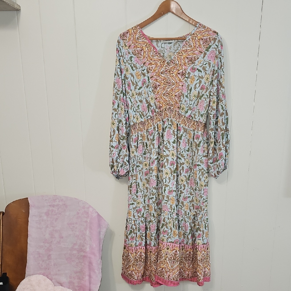 Rusttydustty Dress Womens 1XL Floral Peasant Milkmaid Maxi Layer Tiered Ruffle
